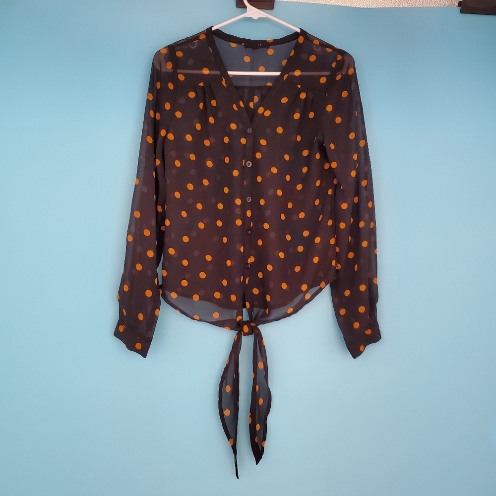Mine Blouse Size Small Semi Sheer Long Sleeve Polka Dot